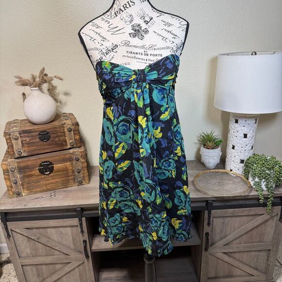 Vintage Betsey Johnson 100% Silk Strapless Floral Babydoll Mini Dress Size 6 Y2k